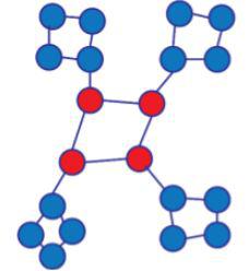 A picture of a simple graph, illustrating the properties of a hub.  A red cluster of hub-nodes connecting to many smaller blue clusters.